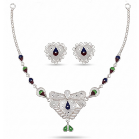Handcrafted 925 Sterling Silver Meenakari Butterfly & Heart Necklace Set