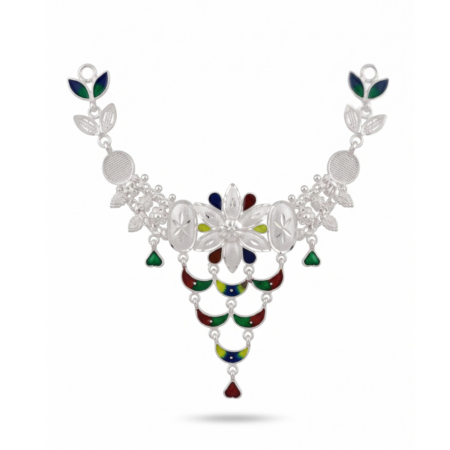 Handcrafted 925 Sterling Silver Meenakari Floral & Crescent Tiered Necklace