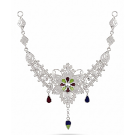 Handcrafted 925 Sterling Silver Meenakari Blooming Lotus & Filigree Webbing Necklace