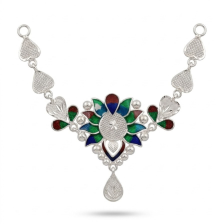 Handcrafted 925 Sterling Silver Meenakari Floral Starburst & Heart Link Necklace