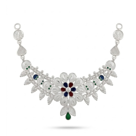 Handcrafted 925 Sterling Silver Meenakari Floral Bloom & Lattice Webbing Necklace Centerpiece