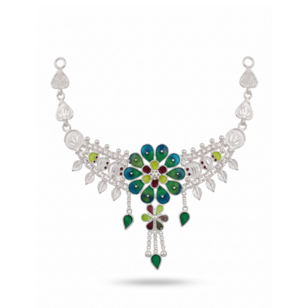 Handcrafted 925 Sterling Silver Meenakari Floral & Leaf Tiered Necklace