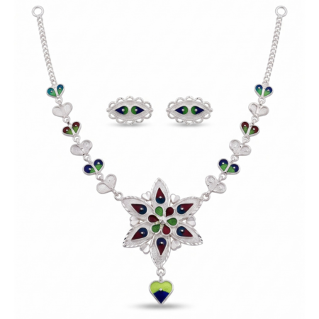 925 Sterling Silver Meenakari Starburst Flower Necklace & Oval Stud Earrings Set