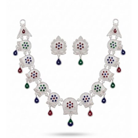 Handcrafted 925 Sterling Silver Meenakari Kalash Motif Choker Necklace Set