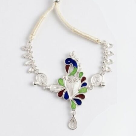 Handcrafted 925 Sterling Silver Meenakari Peacock Choker Necklace with Adjustable Dori