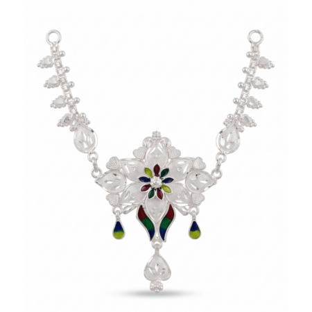 925 Sterling Silver Meenakari Starburst Floral & Leaf Chain Necklace