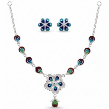 Handcrafted 925 Sterling Silver Meenakari & Filigree Floral Necklace Set