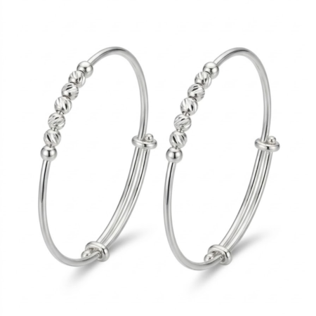 Elegant Silver-Tone Twisted Bead Bangles