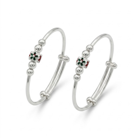 Elegant Silver-Tone Floral Beaded Bangles