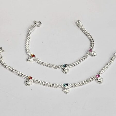 Silver-Tone Colorful Gemstone Heart Charm Anklets for Kids