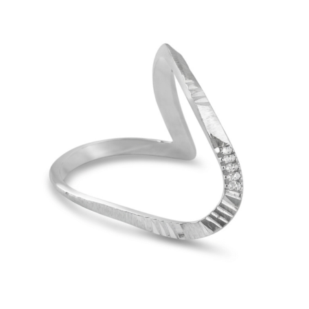 Textured Silver V-Shape Chevron Ring with Stone Accents